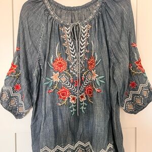 Karyn Seo Embroidered Denim Blouse with Floral Accents